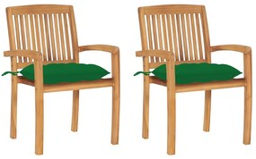 Sedie da giardino 2 pz con cuscini verdi in teak massello