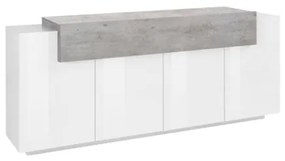 Credenza Moderna A 4 Ante 200x45x85,5 Bianco Lucido/Effetto Cemento Corona