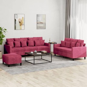 Set Di Divani 3 Pz Con Cuscini Rosso Vino İn Velluto /