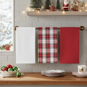 Set 3 strofinacci tartan bianco con cestino