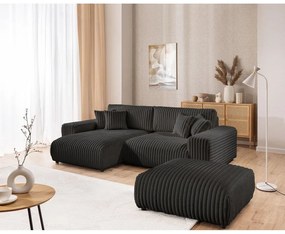 Divano angolare con penisola a sinistra grigio scuro e rivestimento in velluto a coste allungabile e con contenitore Sarina – Ropez