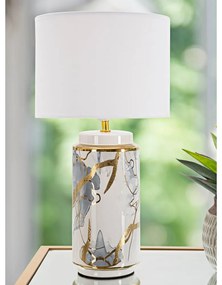 Lampada da tavolo in ceramica con paralume in tessuto bianco e oro (altezza 48 cm) Glam Abstract - Mauro Ferretti