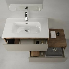 Mobile bagno sospeso 80 cm in legno tabacco e tortora con 2 cassetti, lavabo e specchio Smok