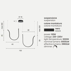 Lampada a sospensione ARQUA 2 Luci LED in metallo verniciato 102 cm NERO