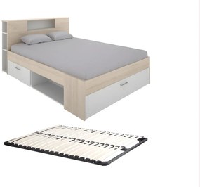 Letto con testata con vani portaoggetti e cassetti 140 x 190 cm: Naturale e Bianco + Rete LEANDRE