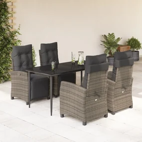 Set da pranzo da giardino 5 pz con cuscini in polyrattan grigio