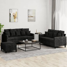 Set Di Divani 3 Pz Con Cuscini Nero İn Velluto /