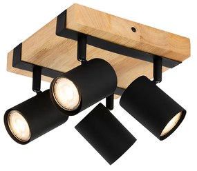 Plafoniera nera con legno 4 luci regolabili rettangolare - Jeana