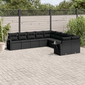 Set divani da giardino 10pz con cuscini in polyrattan nero