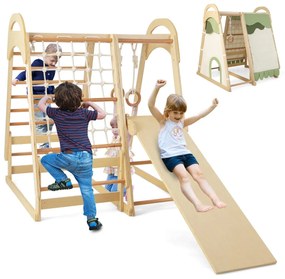 Costway Set di giocattoli da arrampicata in legno con scivolo anelli da ginnastica, Parco giochi per bambini Naturale