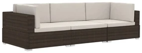 Set divani da giardino 3 pz con cuscini in polyrattan marrone