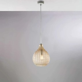 Bonetti Illumina Sospensione in ferro laccato bianco e montatura cromo e diffusore in vetro soffiato ambra con decoro effetto cristallo 1 luce