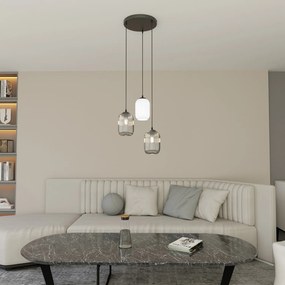 Lampadario 3 Luci Selene Base Tonda Acciaio Nero Vetri Plissettati Bianco E Fumè