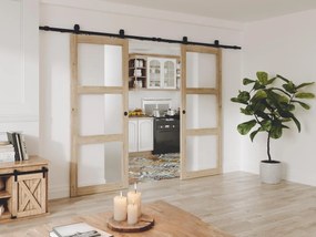 Porta scorrevole doppia esterno muro e 3 finestre 2xH205xL73cm MDF Naturale Vetro temper. smerig. - ACOSTA II