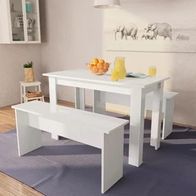 Tavolo da pranzo e panche 3 pz truciolato bianco