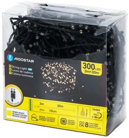Aigostar - Catena luminosa natalizia LED da esterno 300 LED/8 funzioni 30 m IP44 bianco caldo