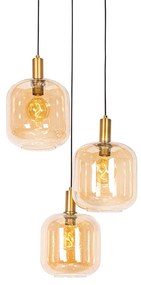 Lampada a sospensione di design nera con ottone e vetro ambrato 3 luci - Zuzanna
