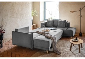 Divano letto angolare in velluto a coste grigio (angolo destro a forma di U) Lazy Lukka - Miuform