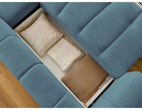 Divano angolare blu allungabile e con contenitore (penisola a destra/chaise lounge) con rivestimento in ciniglia Fuji – Bobochic Paris