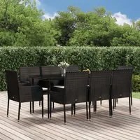 Set da Pranzo da Giardino 9 pz con Cuscini Nero in Polyrattan 3185146