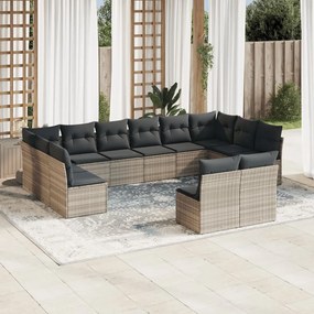 Set divano giardino 12 pz con cuscini grigio chiaro polyrattan