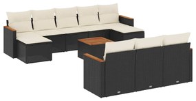 Set divani da giardino 11 pz con cuscini in polyrattan nero