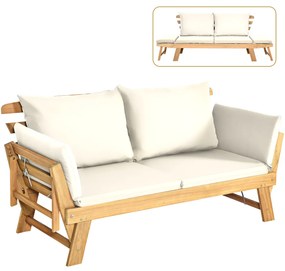 Costway Divano letto convertibile in legno d'acacia con braccioli regolabili cuscini, Chaise longue da esterno 4 Colori