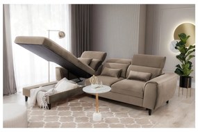 Divano angolare marrone chiaro allungabile/con contenitore (con penisola a sinistra/con chaise lounge) e rivestimento in velluto Foble – ELTAP