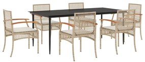 Set da pranzo da giardino 7 pz con cuscini beige in polyrattan
