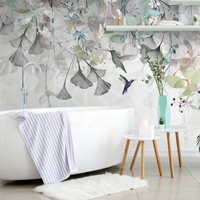 Carta da parati – Foglie con Colibrì in Verde-Grigio