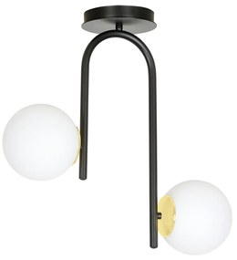 Lampadario 2 Luci Kalf In Acciaio Nero A Bracci E Sfere In Vetro Opalino E Oro
