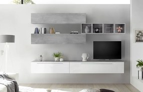 Soggiorno Zenzero moderno, parete attrezzata bianco lucido e beton con top cemento
