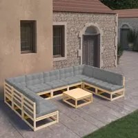 Set Divani da Giardino 10 pz con Cuscini Legno Massello di Pino 3077199