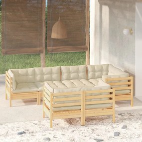 Set divani da giardino 7 pz con cuscini crema massello di pino