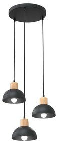 Sospensione Nordica 3 Luci Thoth Base Tonda In Acciaio Nero E Legno Naturale