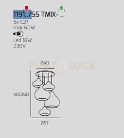 Sosp. ottone satinato 5 luci tonda vetri (2 x piccolo ru + 1 x picc...