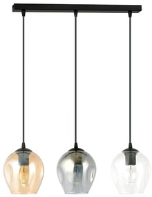 Lampadario 3 Luci Fuxi In Acciaio Nero E Vetri Ambra, Trasparente E Fumè
