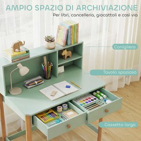 Scrivania per Bambini 5-12 Anni 90x52x105 cm con 3 Ripiani e 2 Cassetti in Legno Verde...