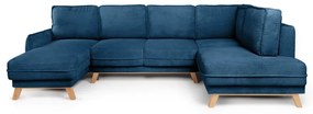 Divano angolare blu allungabile (con penisola a destra/a forma di "U") con rivestimento in velluto a coste Tori – Bonami Selection