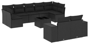 Set divani da giardino 10pz con cuscini in polyrattan nero