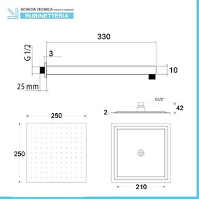 Set doccia quadrato nero opaco completo di soffione 25x25 cm e set doccetta