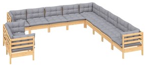 Set divani da giardino 11 pz con cuscini grigi massello di pino