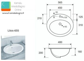 Kamalu - lavabo da incasso soprapiano 56cm ceramica litos-655