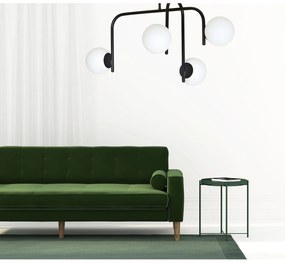 Lampadario 4 Luci Rama In Acciaio Nero A Bracci E Sfere In Vetro Opalino