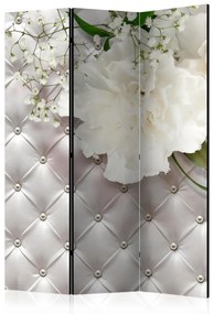 Paravento Pearl Luxury (3 pezzi) - fiori bianchi e fondo trapuntato