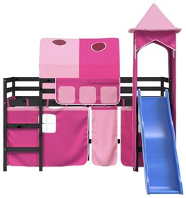 Letto a soppalco con torre bambini rosa 80x200cm massello pino