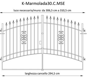 Cancello manuale con serratura elettrica Marmolada in ferro, apertura centrale, L 308.5, H 165-195 cm, di colore ruggine