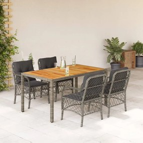 Set da pranzo da giardino 5 pz con cuscini in polyrattan grigio