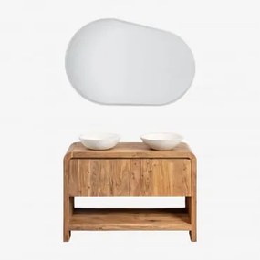 Set Di Mobili Da Bagno In Legno Di Acacia Vacry Acacia Marrone & 2x Redondo Cemento Blanco (ø40 Cm) Zavion & Ovalado Led Y Antivaho (120x80 - Sklum