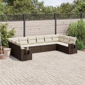 Set Divani da Giardino 10pz con Cuscini in Polyrattan Marrone